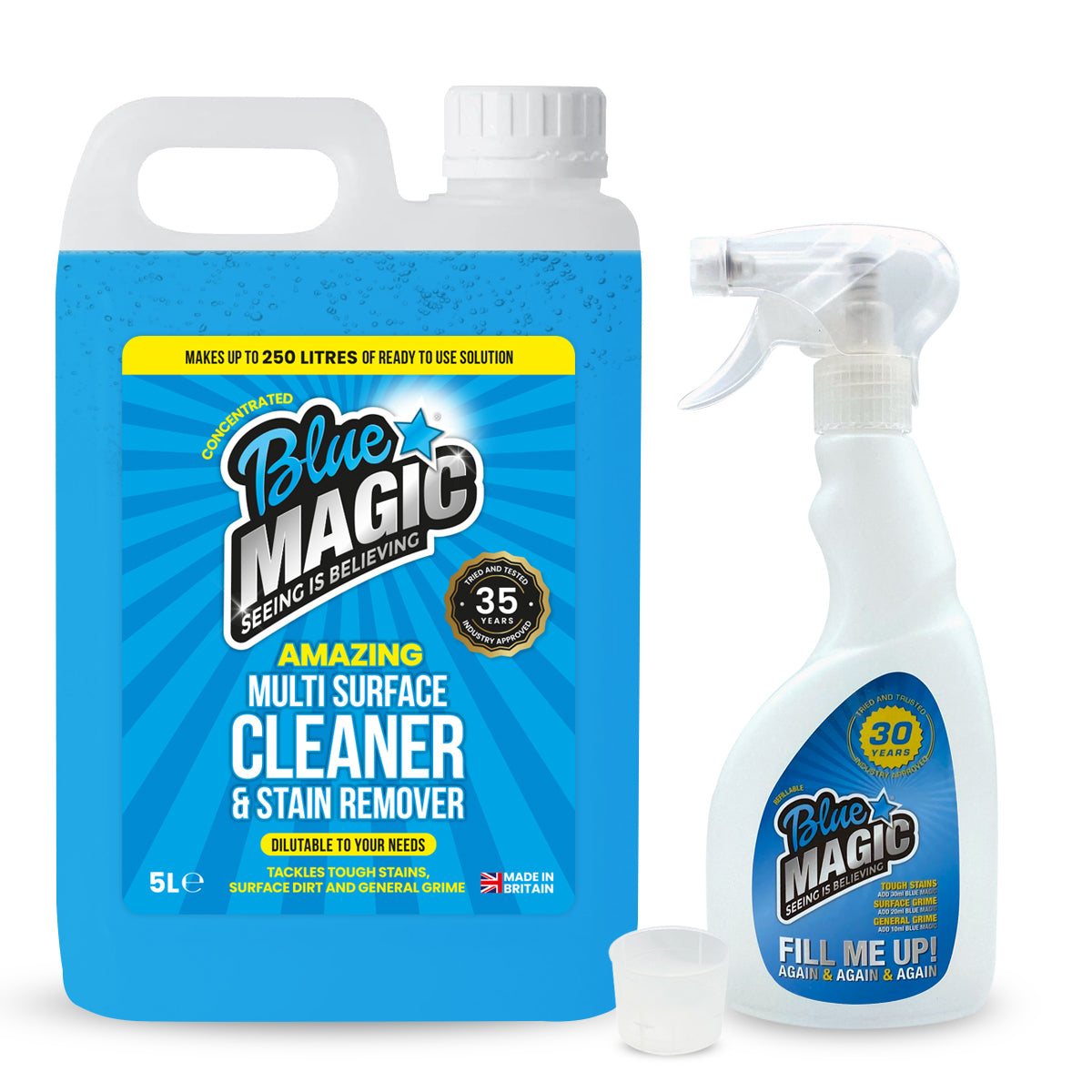 Blue Magic Cleaner | Multi Purpose Cleaning Concentrate with Spray Bottle - Tackles Tough Stains - As Seen on TV! - 5 Litre Blue Magic Cleaner and Spray Bottle - Homechem