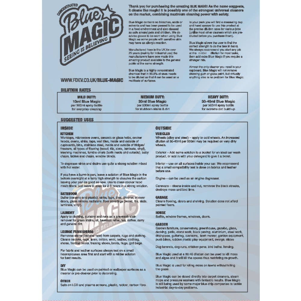 Blue Magic Cleaner | Multi Purpose Cleaning Concentrate with Spray Bottle - Tackles Tough Stains - As Seen on TV! - 5 Litre Blue Magic Cleaner and Spray Bottle - Homechem